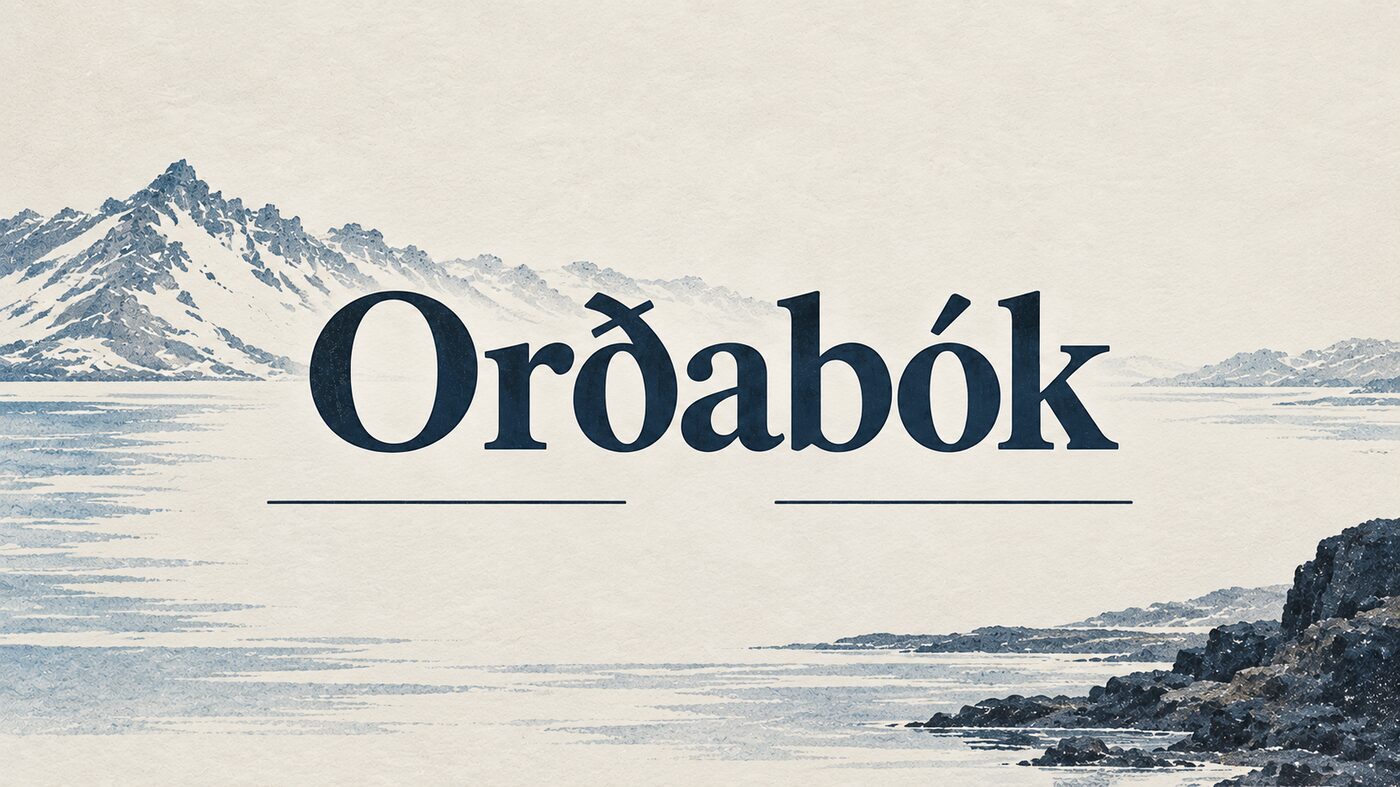 Ilustracja — napis „Orðabók” na tle islandzkiego krajobrazu